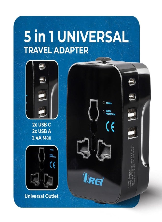 أوري محول سفر عالمي 5 في 1 من OREI مع منفذ USB-C - محول سفر دولي - منفذان USB-A ومنفذان USB-C (3.4 أمبير) - مقبس عالمي للولايات المتحدة الأمريكية والمملكة المتحدة وأوروبا وغيرها - حاصل على شهادتي CE وFCC - عبوة من قطعتين - Image 2